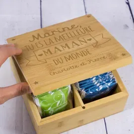 Boîte à thé gravée pour la meilleure maman en Bambou