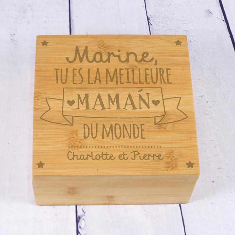 Cadeaux personnalisés: Cadeaux avec le nom: Boîte à thé gravée pour la meilleure maman en Bambou