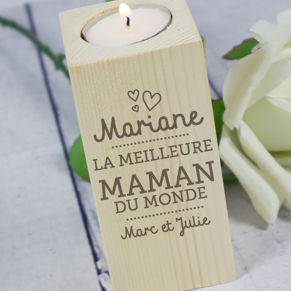 Cadeaux personnalisés: Bougies personnalisées: Bougeoir en bois personnalisé pour mamans