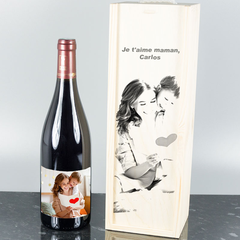 Cadeaux personnalisés: Boissons personnalisées: Bouteille de vin dans une boîte en bois personnalisée