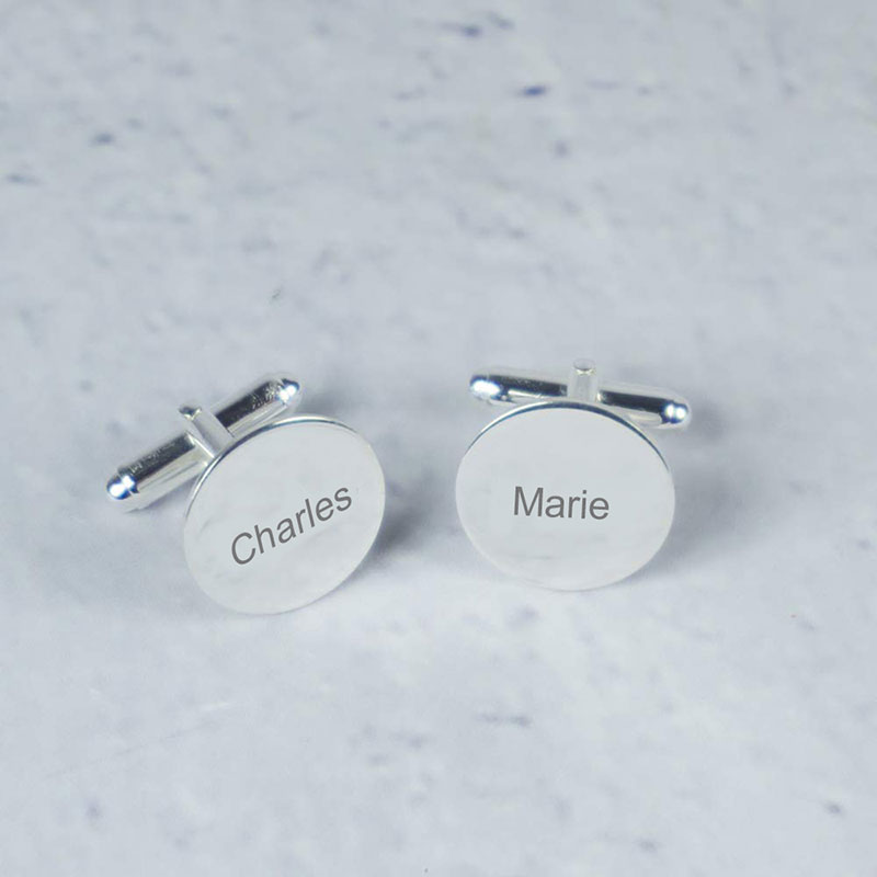 Cadeaux personnalisés: Cadeaux avec le nom: Boutons de manchette ronds en argent gravés