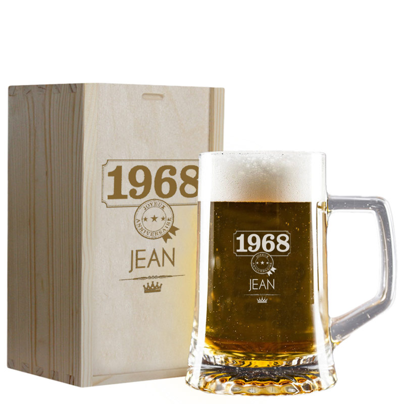 Cadeaux personnalisés: Cadeaux avec le nom: Chope de bière année de naissance personnalisée avec son coffret en bois