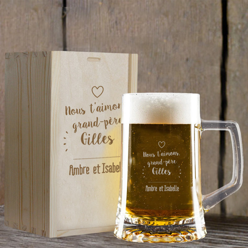 Cadeaux personnalisés: Art de la table personnalisé: Chope de bière personnalisée pour grand-père avec son coffret en bois