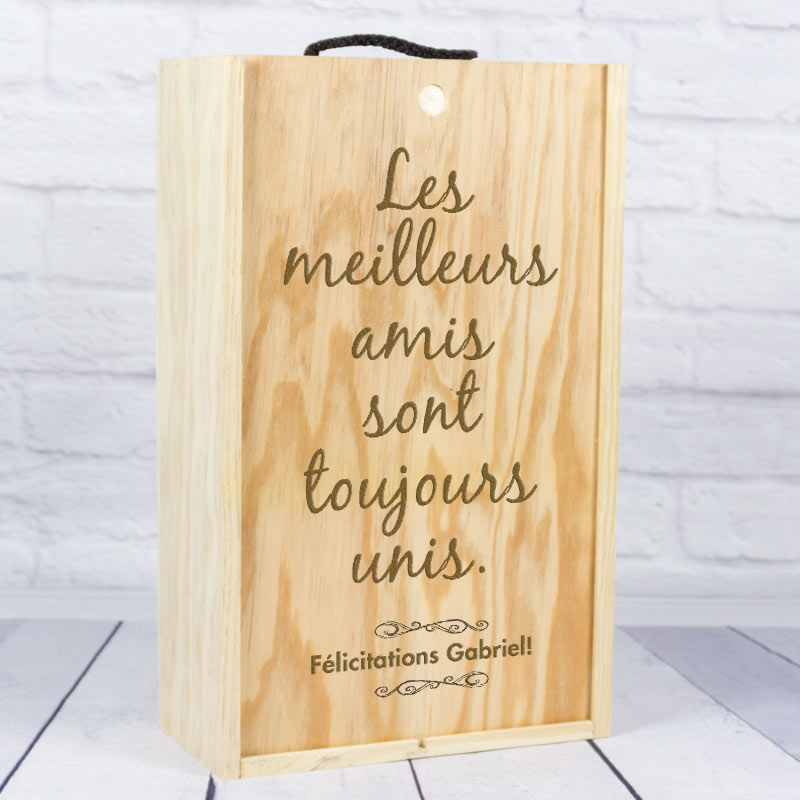 Cadeaux personnalisés: Cadeaux avec le nom: Coffret en bois de bouteilles de vin avec texte gravé