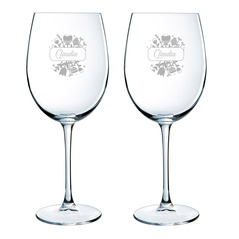 Cadeaux personnalisés: Art de la table personnalis&eacute;: Verres &agrave; vin grav&eacute;s motif floral