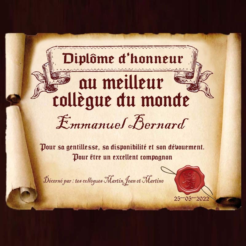 Cadeaux personnalisés: Décoration: Diplôme en parchemin au meilleur collègue