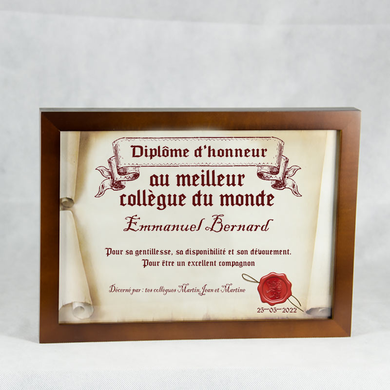 Cadeaux personnalisés: Décoration: Diplôme en parchemin au meilleur collègue