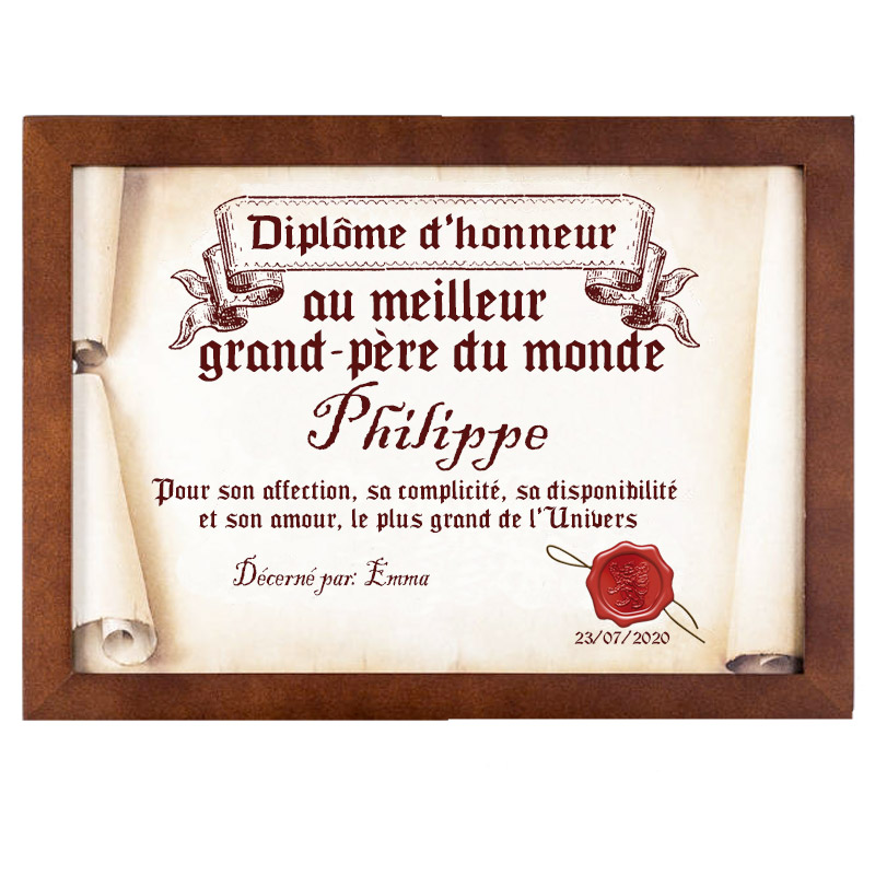 Cadeaux personnalisés: Décoration: Diplôme en parchemin au meilleur grand-père du monde