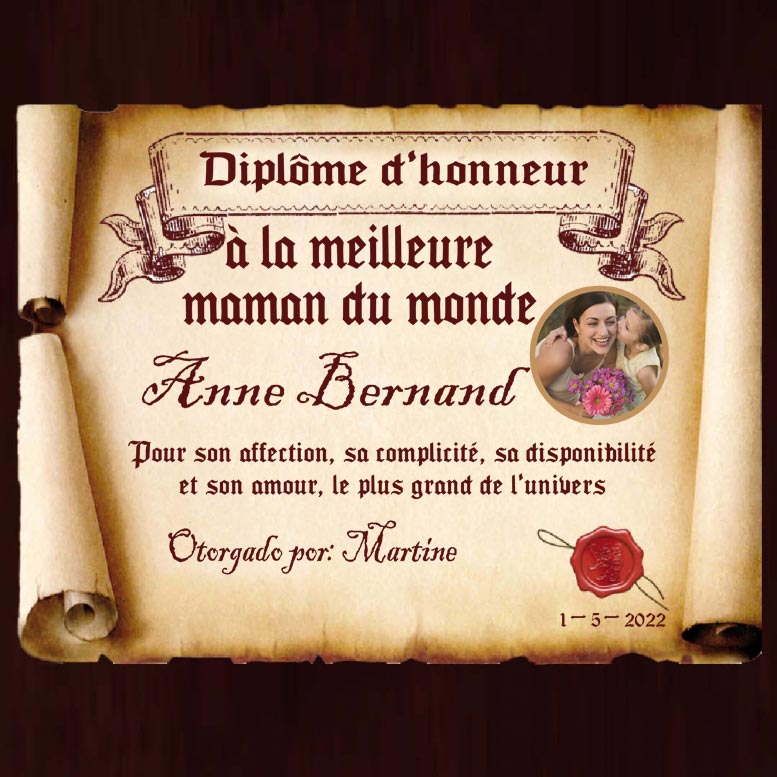 Diplôme parchemin personnalisé pour les mamans