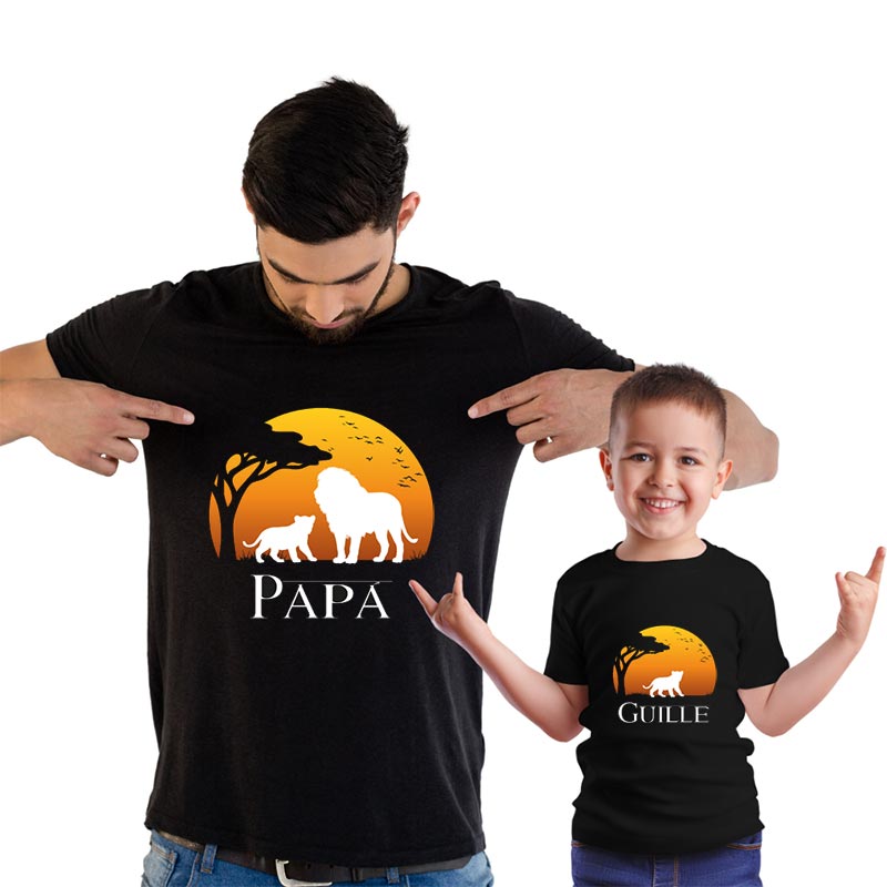 Cadeaux personnalisés: Cadeaux avec le nom: Ensemble de t-shirts noirs personnalis&eacute;s p&egrave;re et fils avec le nom &laquo; Lions &raquo;