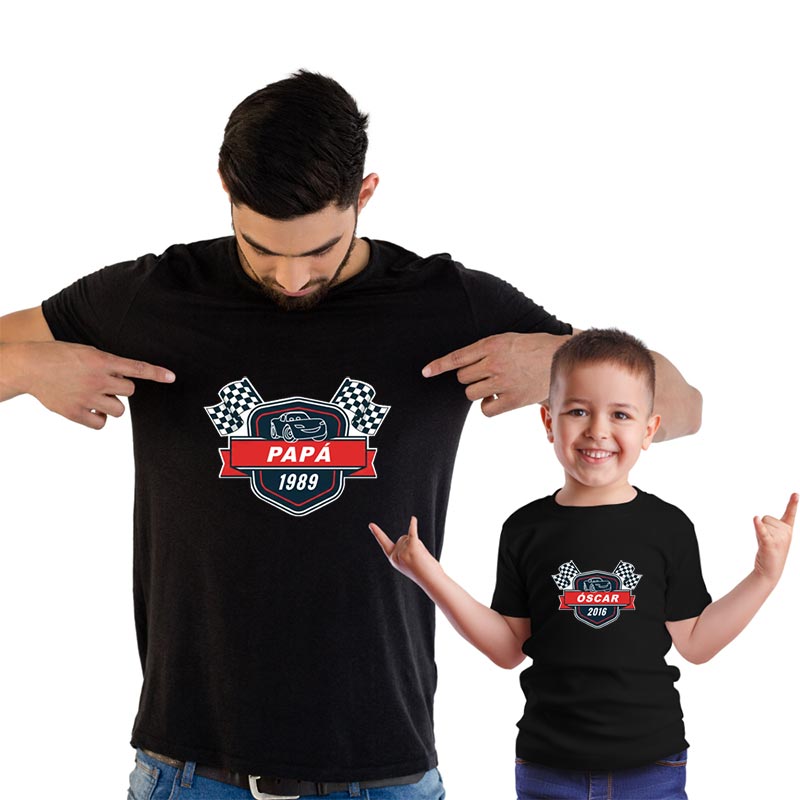 Cadeaux personnalisés: Cadeaux avec le nom: Ensemble de t-shirts noirs personnalis&eacute;s pour p&egrave;re et fils &laquo; Carreras &raquo;