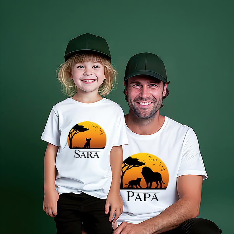 Cadeaux personnalisés: Cadeaux avec le nom: Ensemble de t-shirts personnalis&eacute;s p&egrave;re et fils avec le nom &laquo; Lions &raquo;