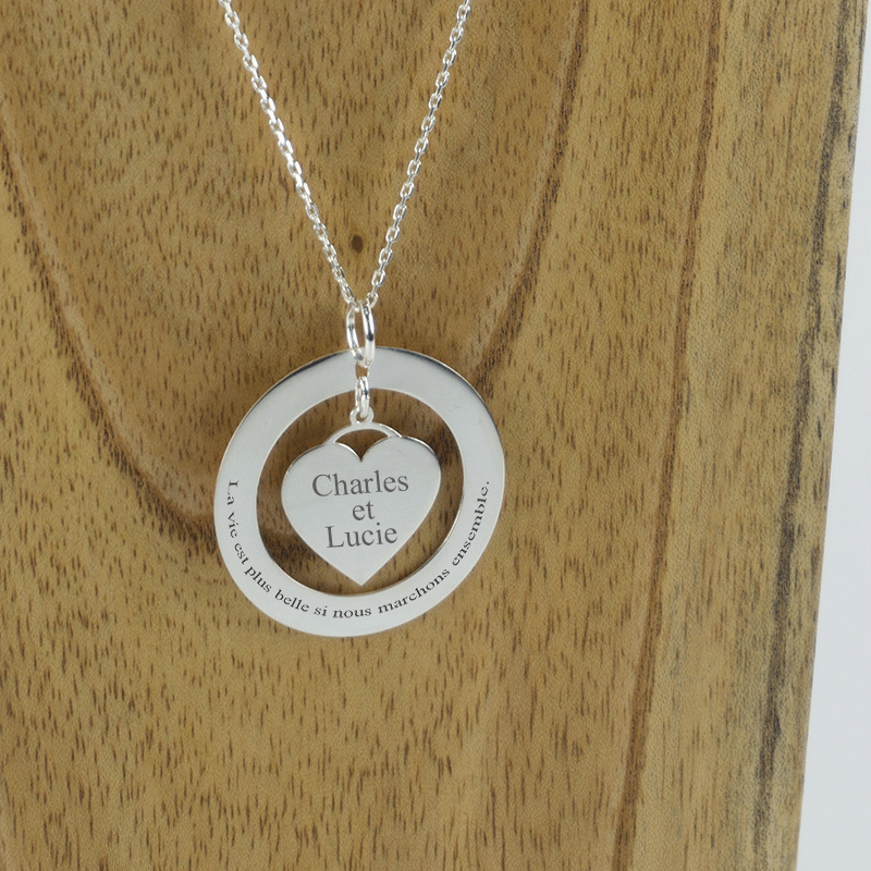 Cadeaux personnalisés: Bijoux personnalisés: Pendentif disque et cœur personnalisé en argent