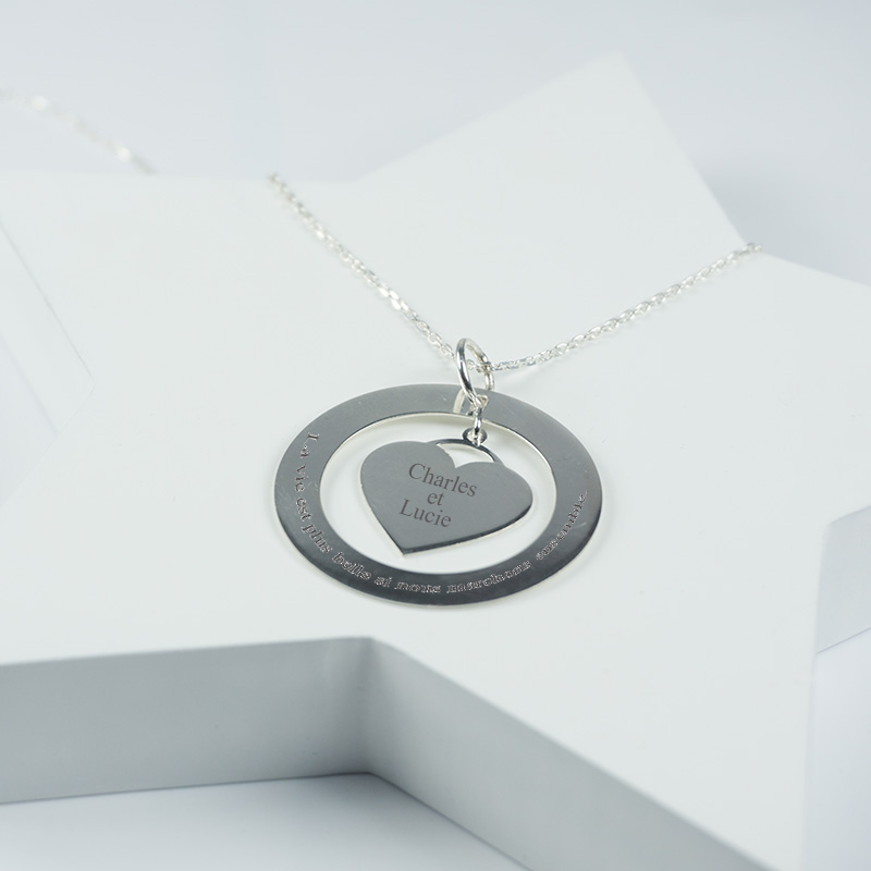 Cadeaux personnalisés: Bijoux personnalisés: Pendentif disque et cœur personnalisé en argent