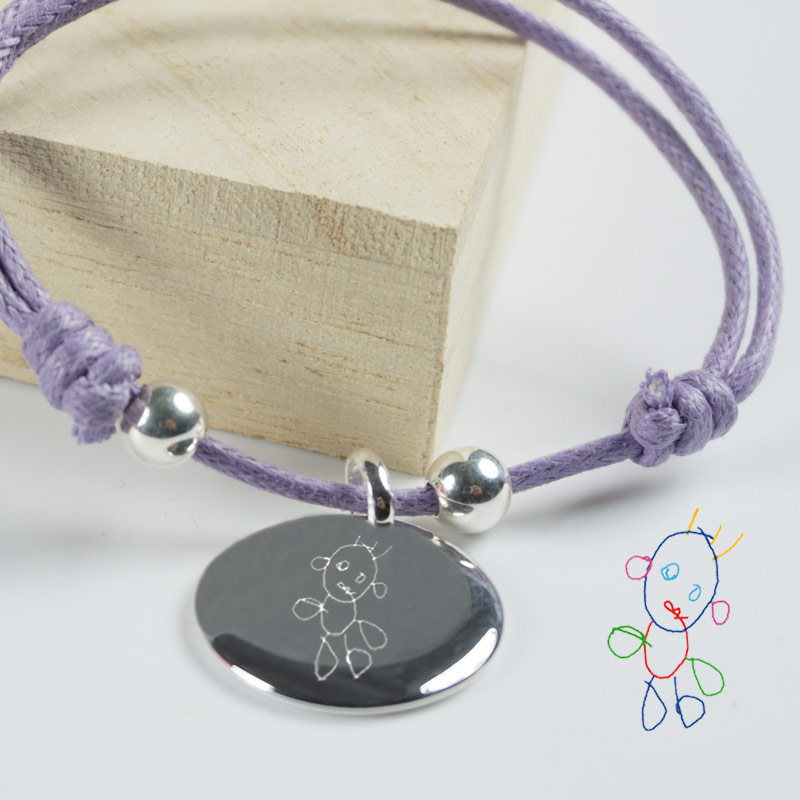 Cadeaux personnalisés: Bijoux personnalisés: Bracelet en argent personnalisé avec le dessin de votre enfant gravé