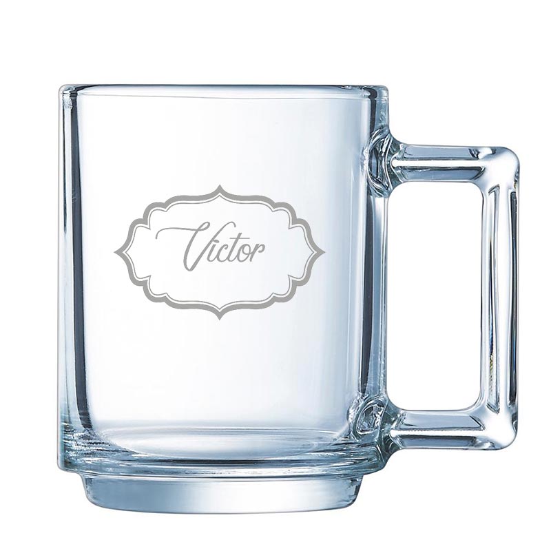 Cadeaux personnalisés: Mugs personnalisés: Tasse en verre personnalisée avec dessin et prénom gravés 