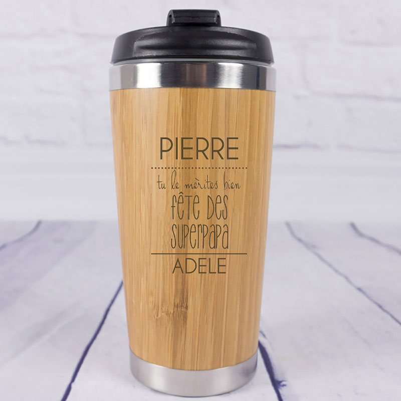 Cadeaux personnalisés: Cadeaux avec le nom: Thermos en bambou gravé pour le père