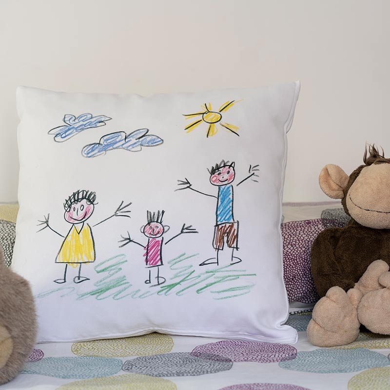 Cadeaux personnalisés: Décoration: Coussin carré avec le dessin de votre enfant