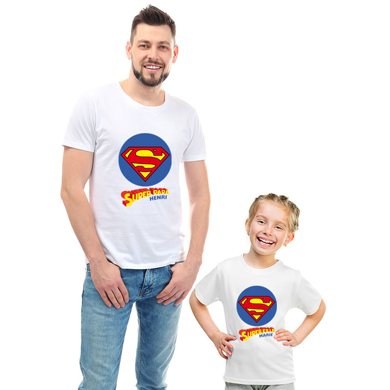 Cadeaux personnalisés: Cadeaux avec le nom: Pack de t-shirts personnalisés Super Papa et Super Enfant