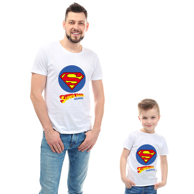 Cadeaux personnalisés: Cadeaux avec le nom: Pack de t-shirts personnalisés Super Papa et Super Enfant