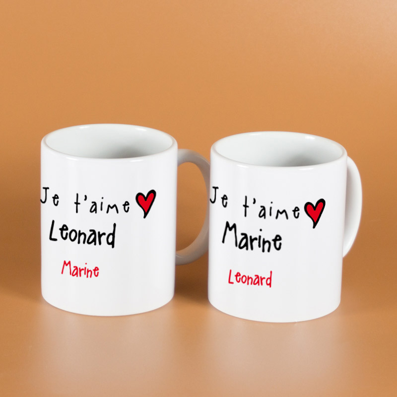 Cadeaux personnalisés: Cadeaux avec le nom: Pack de tasses Je t'aime personnalisées