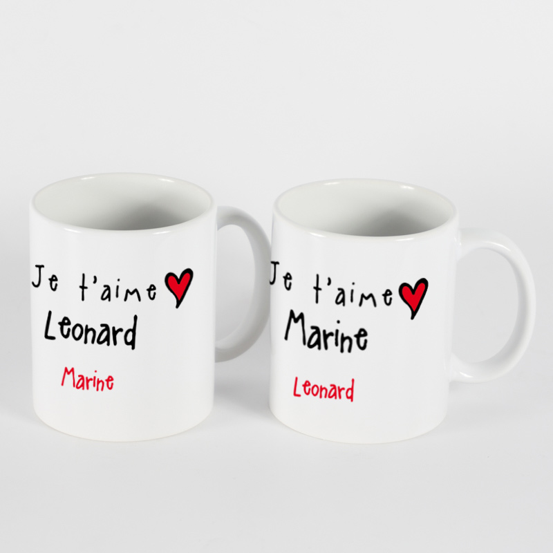 Cadeaux personnalisés: Cadeaux avec le nom: Pack de tasses Je t'aime personnalisées